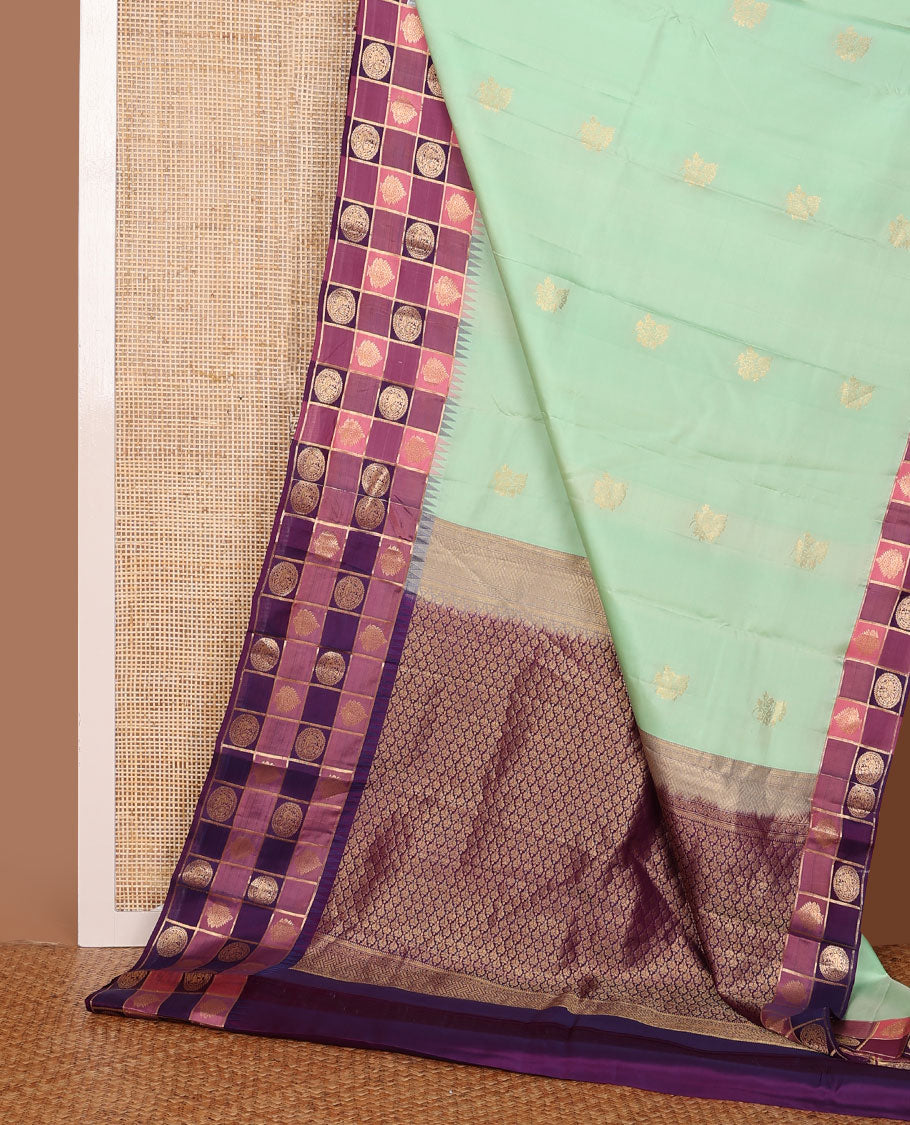 Green zari buttas silk saree, contrast multi-color checked border of zari motifs & zari-rich grand jaal pallu