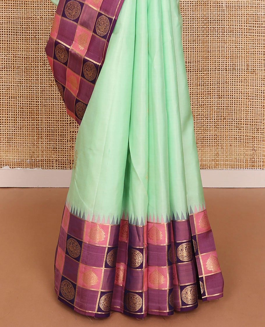 Green zari buttas silk saree, contrast multi-color checked border of zari motifs & zari-rich grand jaal pallu