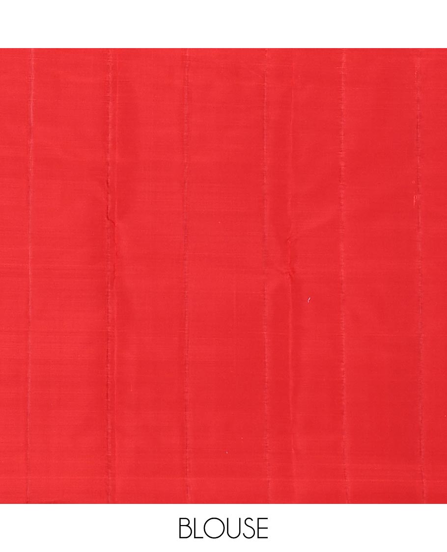 Borderless red silk saree with malli mokku and iruthalai pakshi buttas, self-pallu of zari stripes