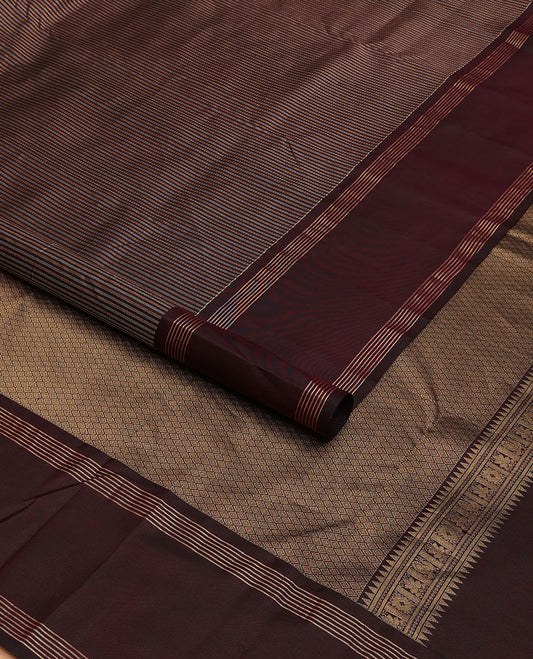 Maroon zari striped silksaree, rettai pettu zari striped border & pallu of zari-enriched jaal designs