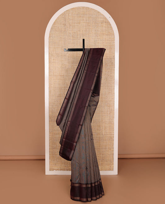 Maroon zari striped silksaree, rettai pettu zari striped border & pallu of zari-enriched jaal designs