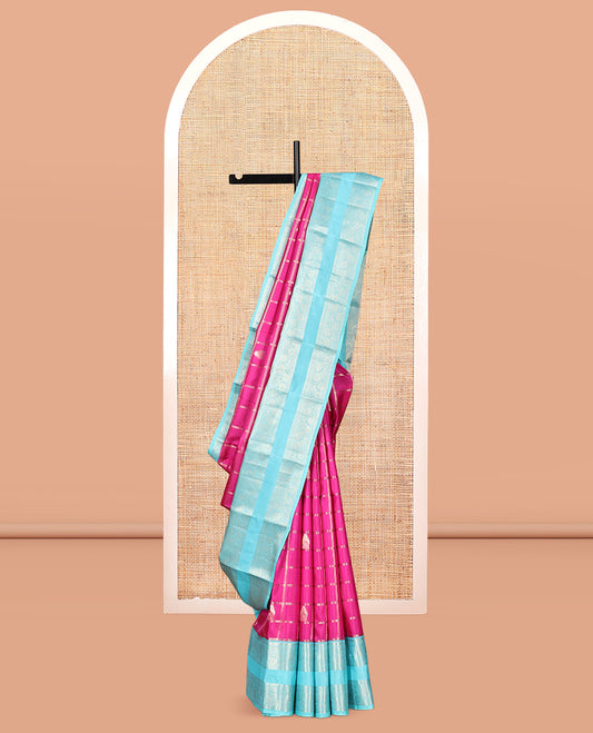 Pink Vasundhara Silk Saree, Enriched with Rekku Butta Enclosed Checks, Complemented by a Contrast Rettai Pettu Kodi Visiry Border, Grand Pallu, and Contrast Blouse