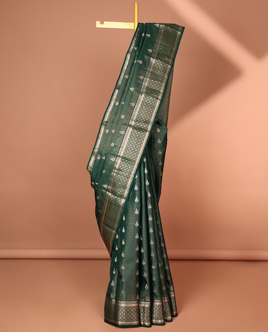 Green floral buttas silk saree with self traditional zari border & intricate zari design pallu