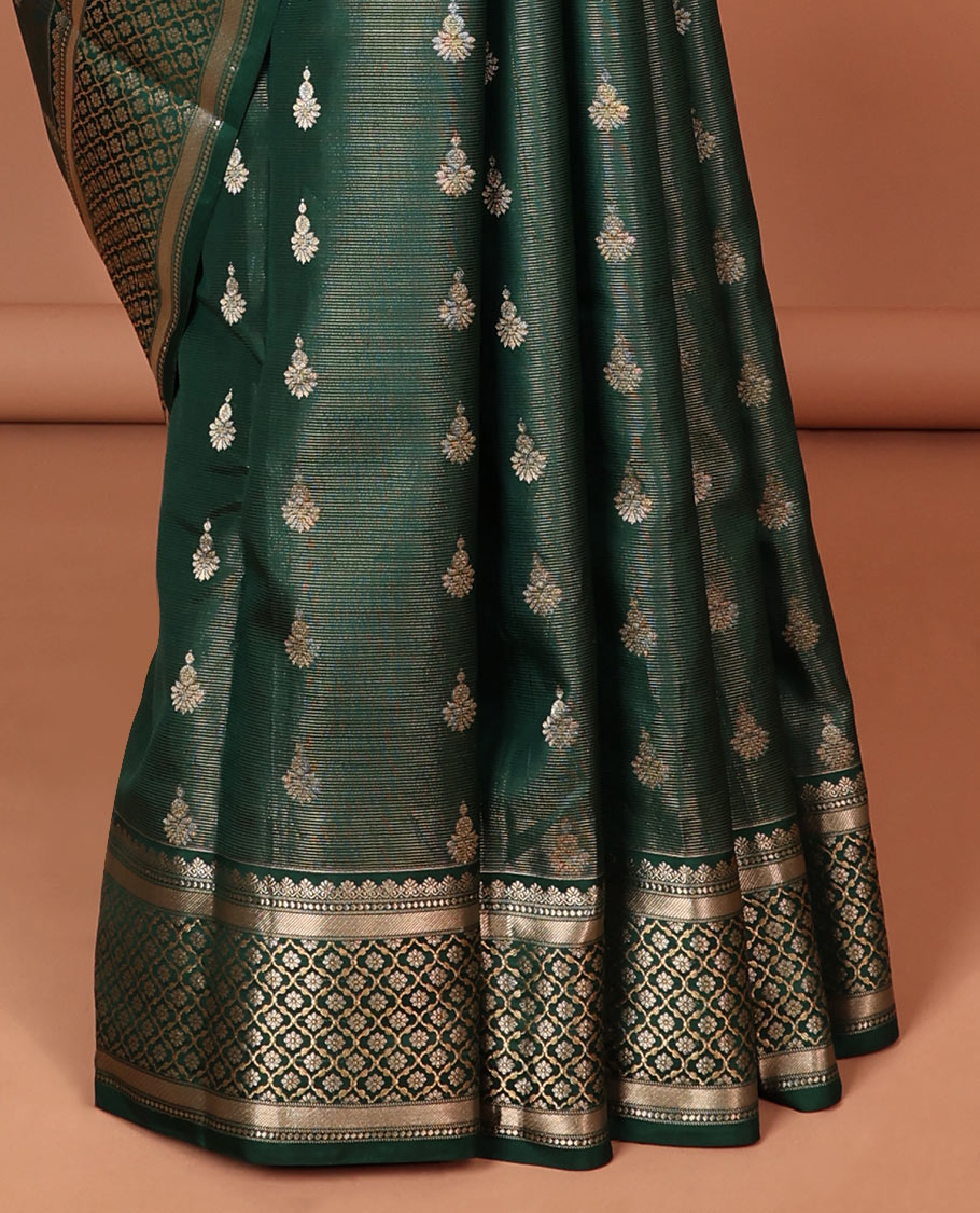 Green floral buttas silk saree with self traditional zari border & intricate zari design pallu