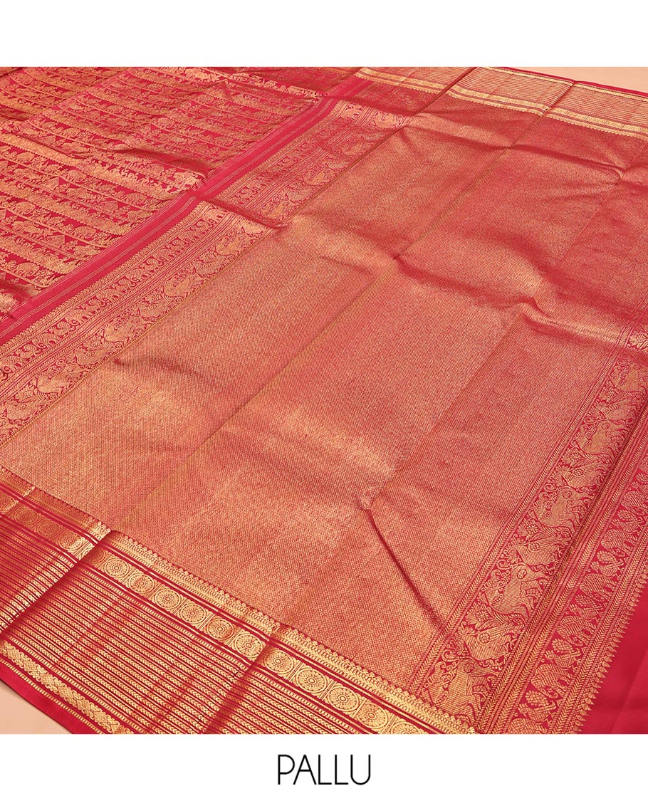 Red Kanchipuram Wedding Silk Saree, Charmingly Accented with Jacquard Design, a Zari Border of Salngai,muthu, Kathir, and Chakram Designs, Mayil Kann Pallu, and a Matching Blouse