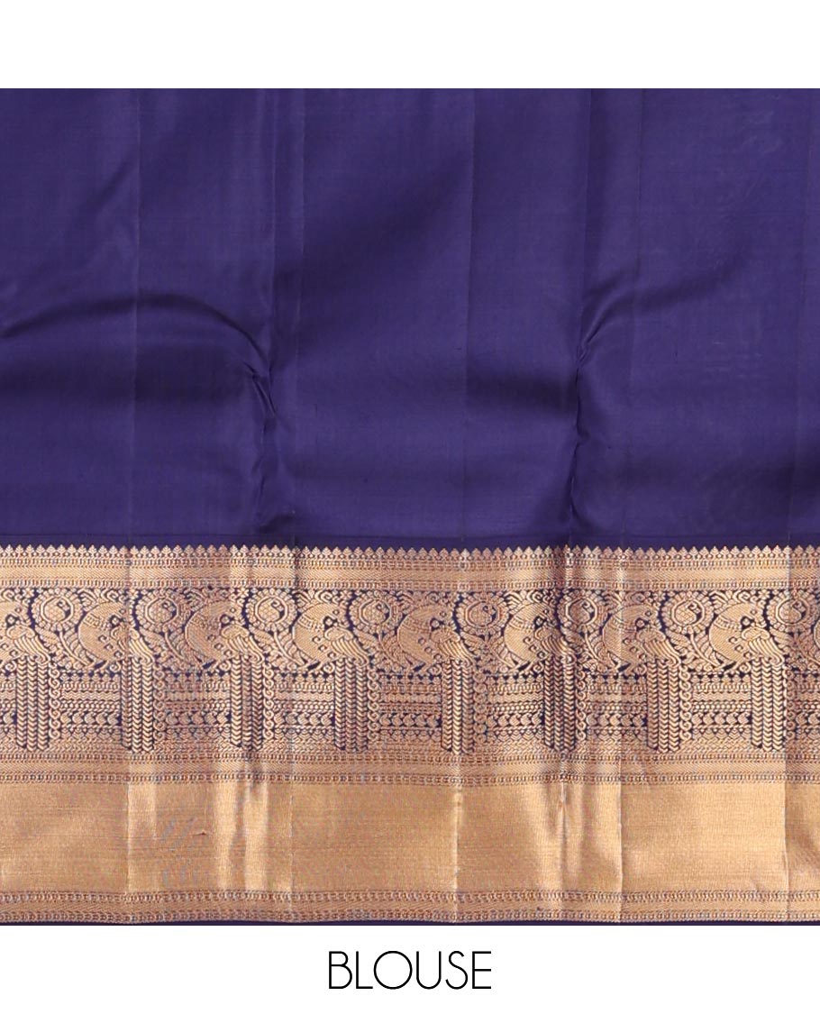 Blue zari buttas kanchipuram wedding silk saree, contrast zari border of thilakam,muthu, manga & mayil designs & flower buttas enclosed argyle design