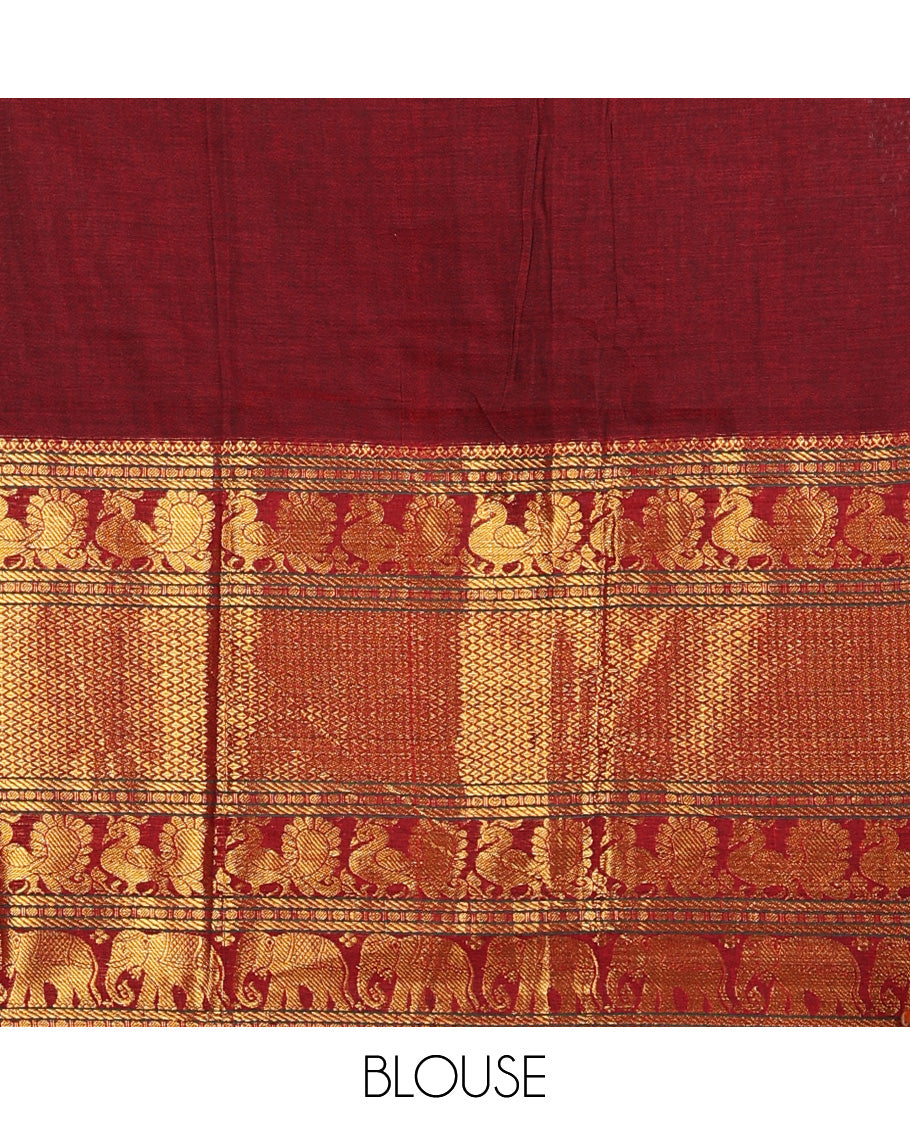 Maroon cotton half-saree, plain with contrast traditional zari bordered skirt, matching blouse, and contrast zari border dhavani