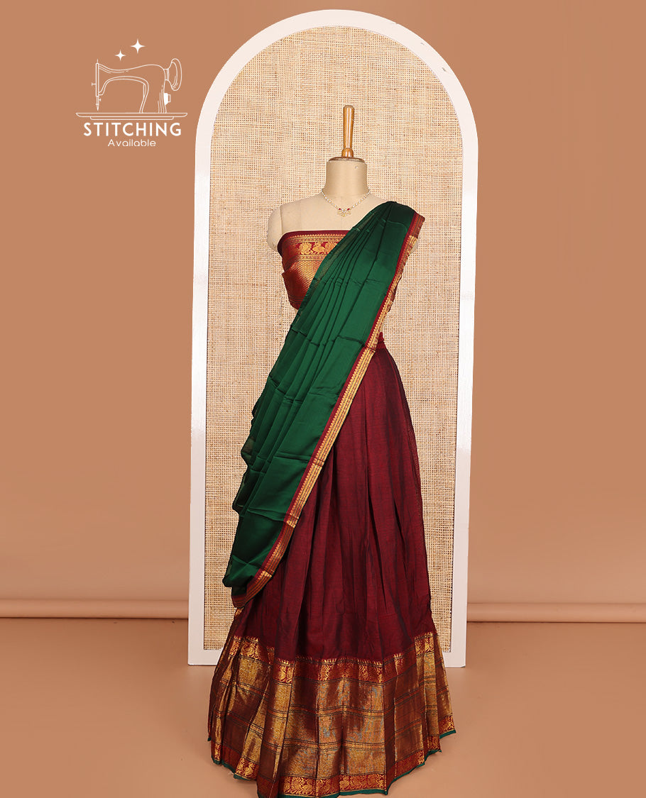 Maroon cotton half-saree, plain with contrast traditional zari bordered skirt, matching blouse, and contrast zari border dhavani