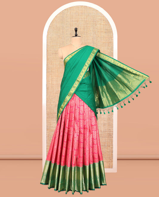 Red Art Silk Material Half Saree, Opulently Embellished with Jacquard Skirt, a Contrast Traditional Zari Border, Contrast Blouse, and an Intricate Dhavani