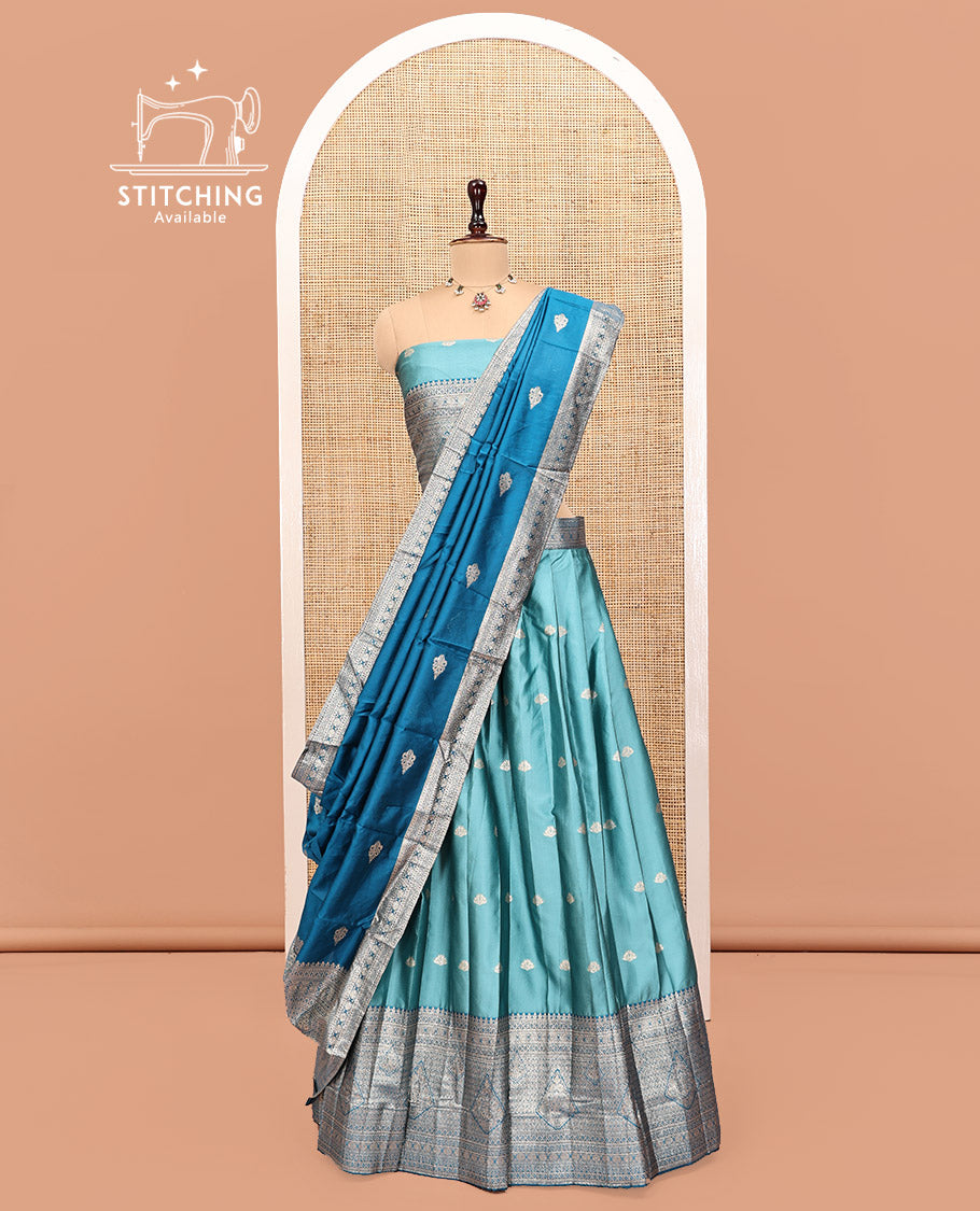 Blue Art Silk Half Saree, Embellished with Buttas Skirt, Contrast Traditional Border, Matching Blouse, and a Contrast Banaras Dhavani
