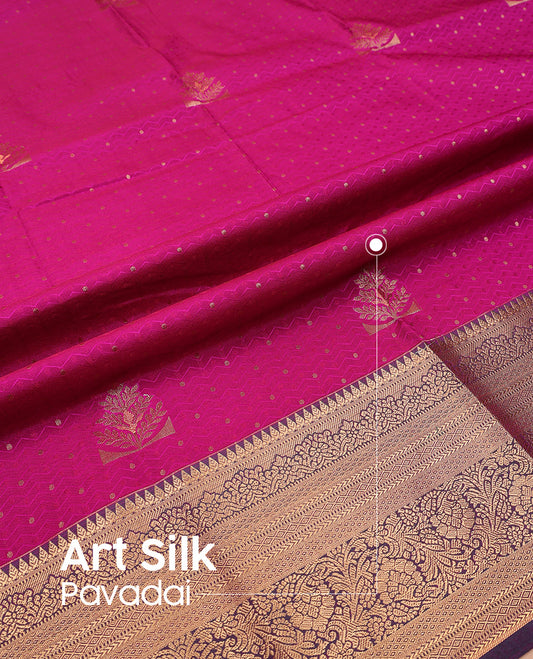Magenta art silk pavadai set, embossed, zari design with contrast traditional zari bordered skirt and a contrast zari design blouse
