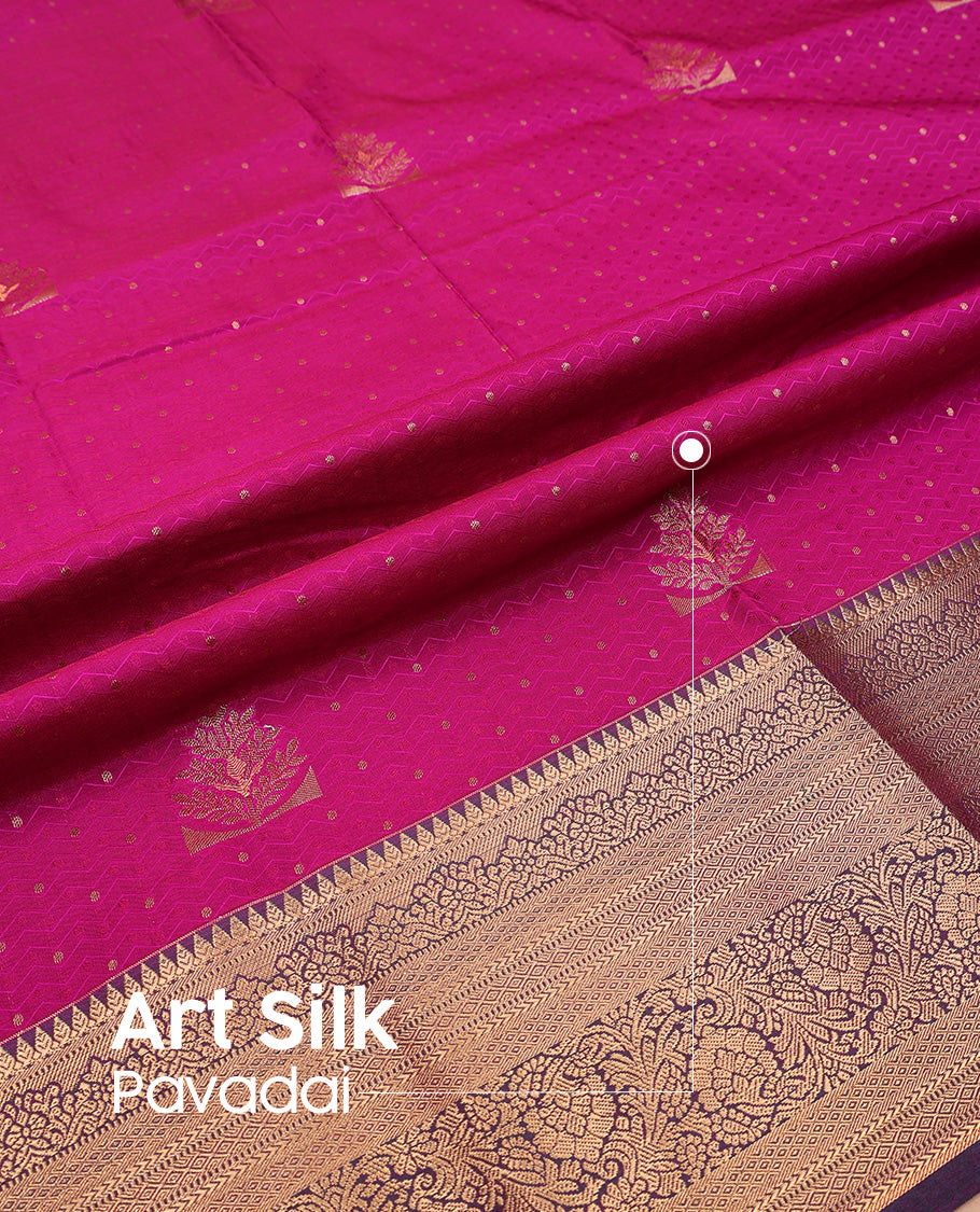 Magenta art silk pavadai set, embossed, zari design with contrast traditional zari bordered skirt and a contrast zari design blouse