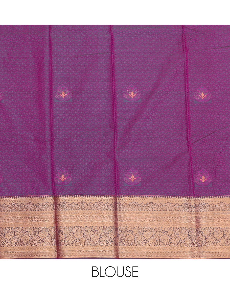 Magenta art silk pavadai set, embossed, zari design with contrast traditional zari bordered skirt and a contrast zari design blouse