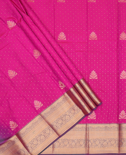Magenta art silk pavadai set, embossed, zari design with contrast traditional zari bordered skirt and a contrast zari design blouse