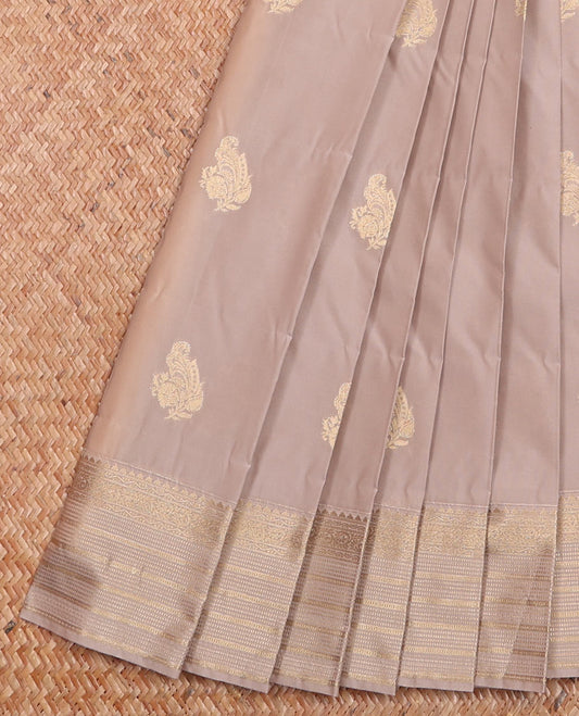 Grey Budget Silk Saree Featuring Zari Buttas, Subtly Sparked with Traditional Zari-Design Border, Captivated with Contrast Intricately Designed Pallu, and Paired with a Contrast Blouse