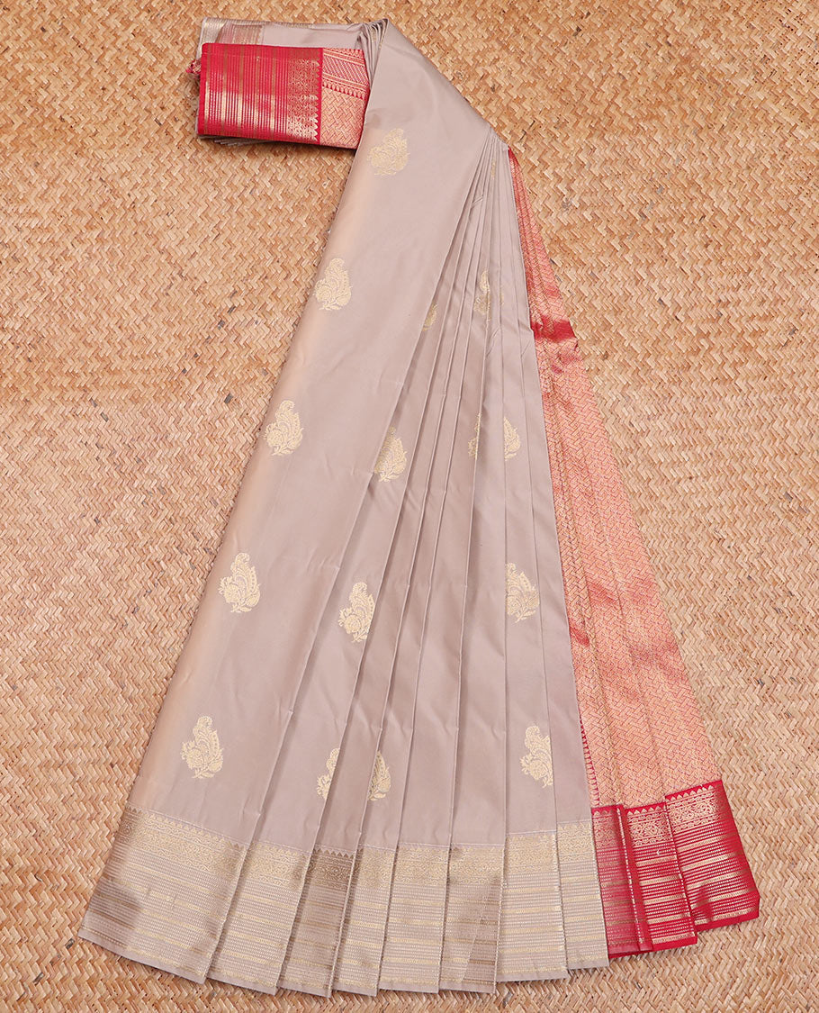 Grey Budget Silk Saree Featuring Zari Buttas, Subtly Sparked with Traditional Zari-Design Border, Captivated with Contrast Intricately Designed Pallu, and Paired with a Contrast Blouse