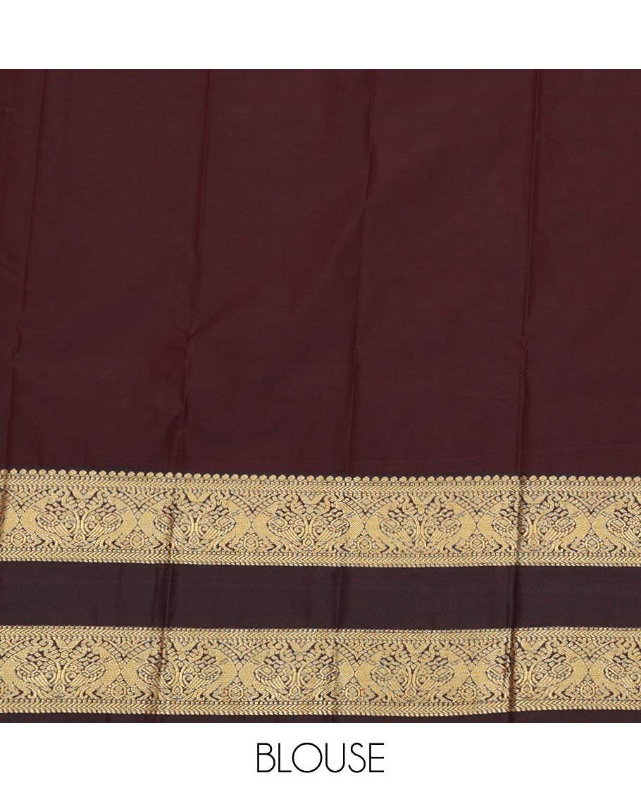 Orange Budget Silk Saree Woven Featuring Zari Buttas, Adorned with Contrast Traditional Zari Design Rettai Pettu Border, Jaal Pallu, and a Contrast Zari-Bordered Blouse