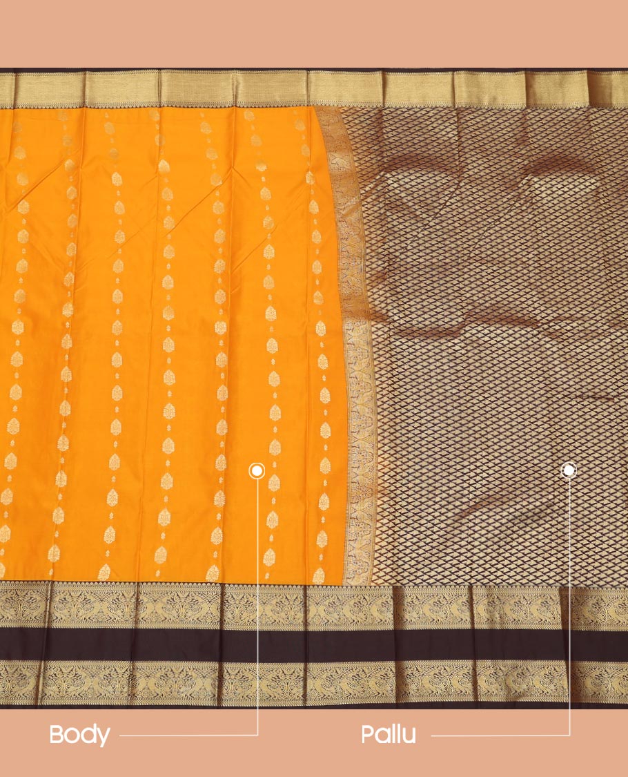 Orange Budget Silk Saree Woven Featuring Zari Buttas, Adorned with Contrast Traditional Zari Design Rettai Pettu Border, Jaal Pallu, and a Contrast Zari-Bordered Blouse