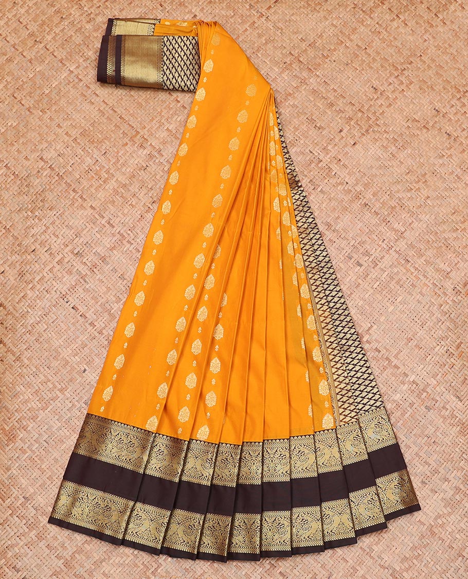Orange Budget Silk Saree Woven Featuring Zari Buttas, Adorned with Contrast Traditional Zari Design Rettai Pettu Border, Jaal Pallu, and a Contrast Zari-Bordered Blouse