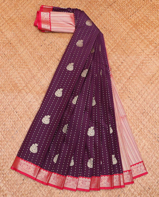 Brown Budget Silk Saree, Richly Detailed with Zari Buttas All Over Its Body, Complemented by a Contrast Traditional Zari Border of Peacock Designs, Grand Geometric-Patterned Pallu, and Paired with a Contrast Blouse