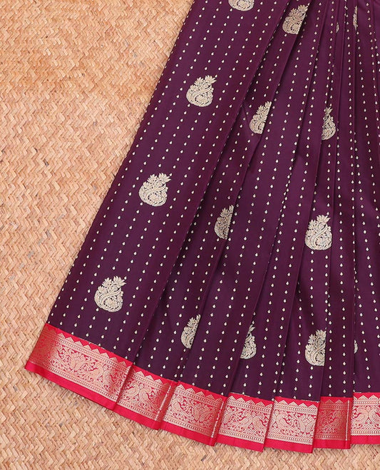Brown Budget Silk Saree, Richly Detailed with Zari Buttas All Over Its Body, Complemented by a Contrast Traditional Zari Border of Peacock Designs, Grand Geometric-Patterned Pallu, and Paired with a Contrast Blouse