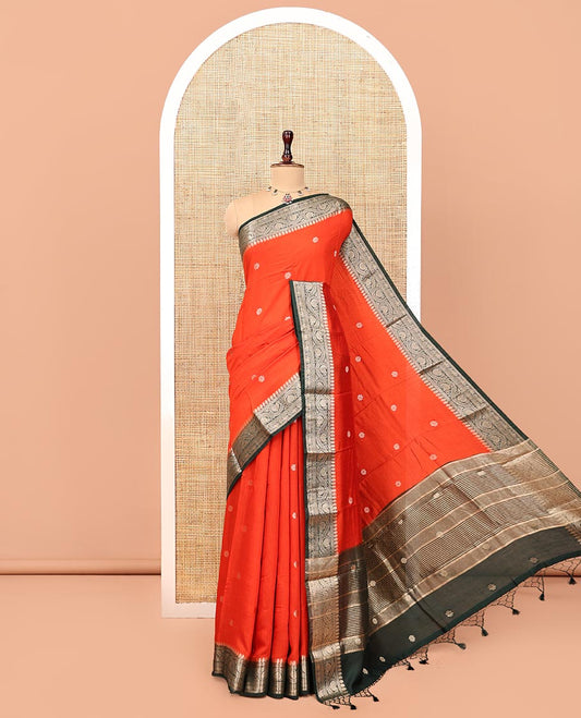 Orange Assam Silk Saree, Woven with Buttas, Complemented by a Contrast Traditional Floral Creeper Zari Border, Zari Design Pallu, and a Contrast Blouse