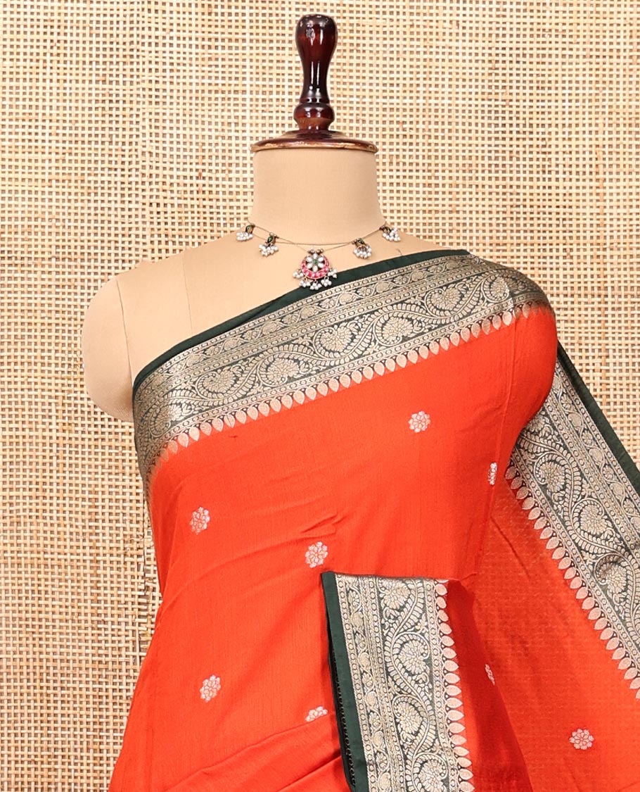 Orange Assam Silk Saree, Woven with Buttas, Complemented by a Contrast Traditional Floral Creeper Zari Border, Zari Design Pallu, and a Contrast Blouse