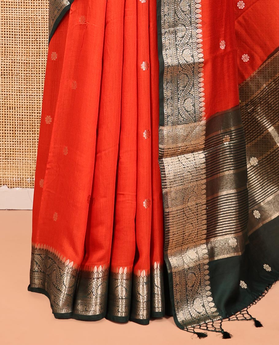 Orange Assam Silk Saree, Woven with Buttas, Complemented by a Contrast Traditional Floral Creeper Zari Border, Zari Design Pallu, and a Contrast Blouse