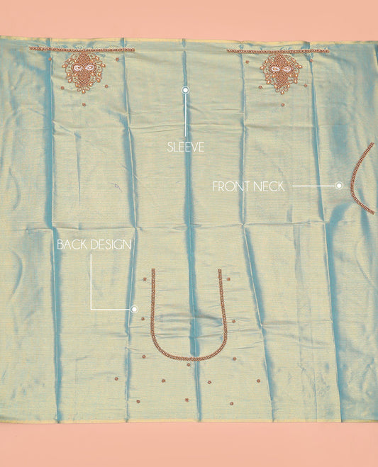 Shimmer Blue Aari Blouse Material, Highlighted with Unique Pattern Sugar Bead Embroidery on Its Sleeves, and Subtle Sugar Bead Work on Its Back and Front Neck