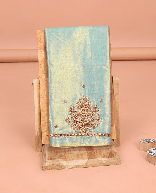 Shimmer Blue Aari Blouse Material, Highlighted with Unique Pattern Sugar Bead Embroidery on Its Sleeves, and Subtle Sugar Bead Work on Its Back and Front Neck