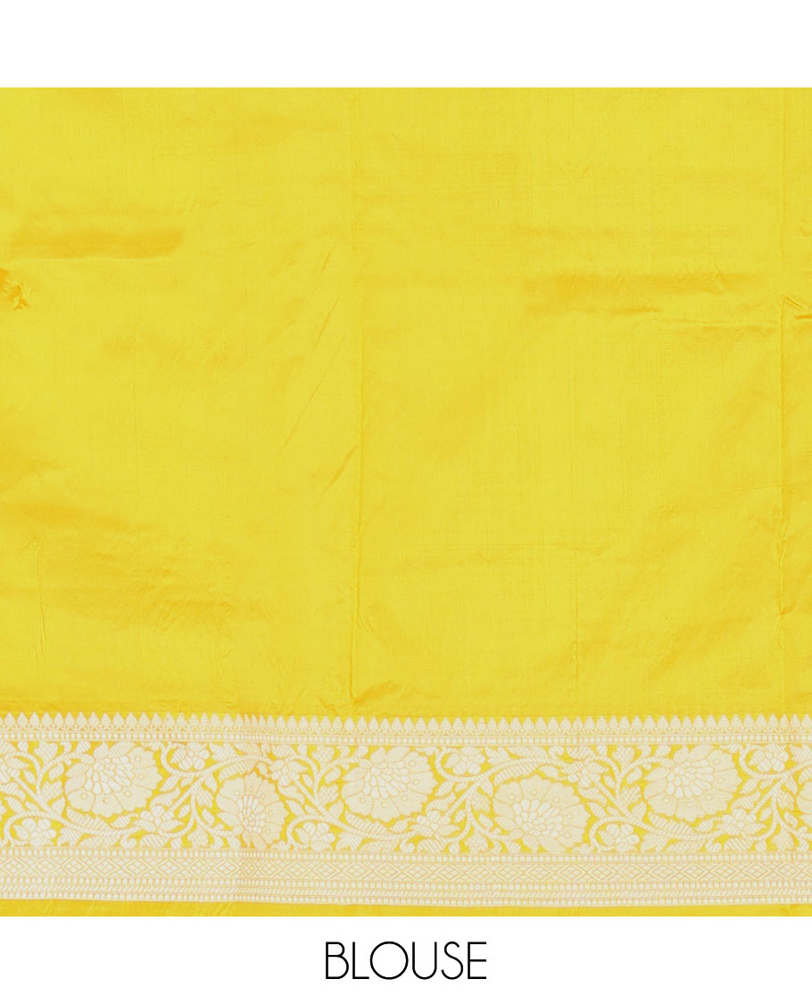Yellow buttas banarasi kathan silk saree,  floral creeper  border, and pallu of paisley jaal design