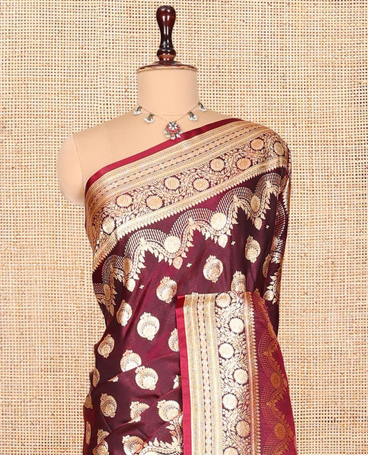 Maroon Banarasi Nylon Saree, Embellished with Buttas, Floral Creeper Zari Border, Intricate Pallu, and a Matching Blouse