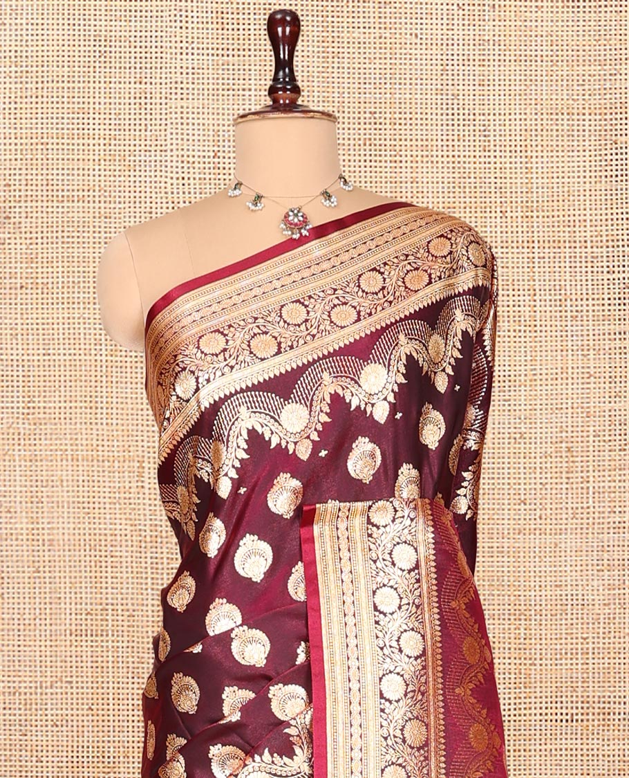 Maroon Banarasi Nylon Saree, Embellished with Buttas, Floral Creeper Zari Border, Intricate Pallu, and a Matching Blouse