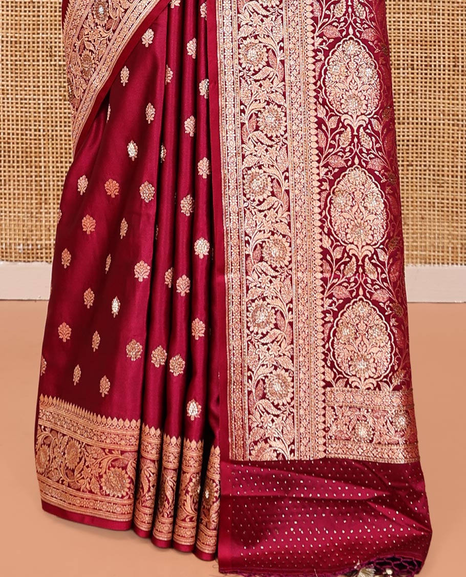 Red Wine Banarasi Satin Saree, Accentuated with Buttas, a Floral Creeper Border, Intricate Stonework Pallu, and a Matching Blouse