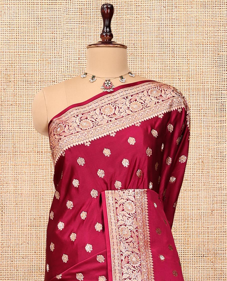 Red Wine Banarasi Satin Saree, Accentuated with Buttas, a Floral Creeper Border, Intricate Stonework Pallu, and a Matching Blouse