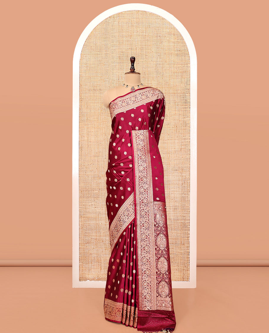 Red Wine Banarasi Satin Saree, Accentuated with Buttas, a Floral Creeper Border, Intricate Stonework Pallu, and a Matching Blouse