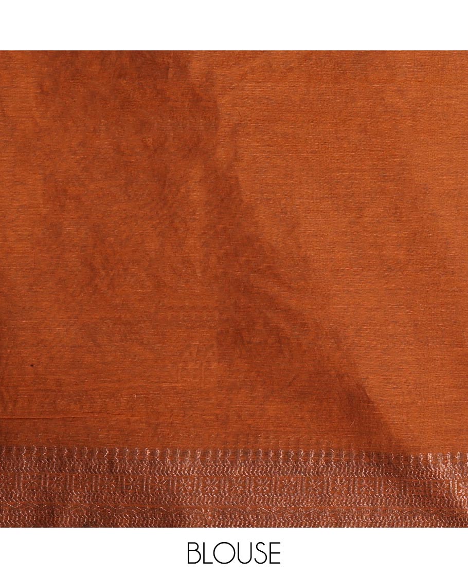 Borderless brown floral buttas semi-silk cotton saree, contrast jaal pallu