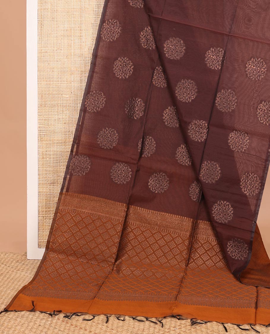 Borderless brown floral buttas semi-silk cotton saree, contrast jaal pallu