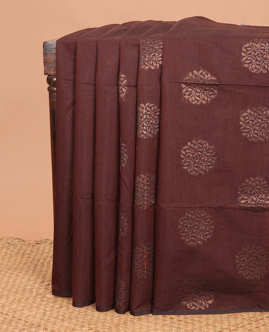 Borderless brown floral buttas semi-silk cotton saree, contrast jaal pallu