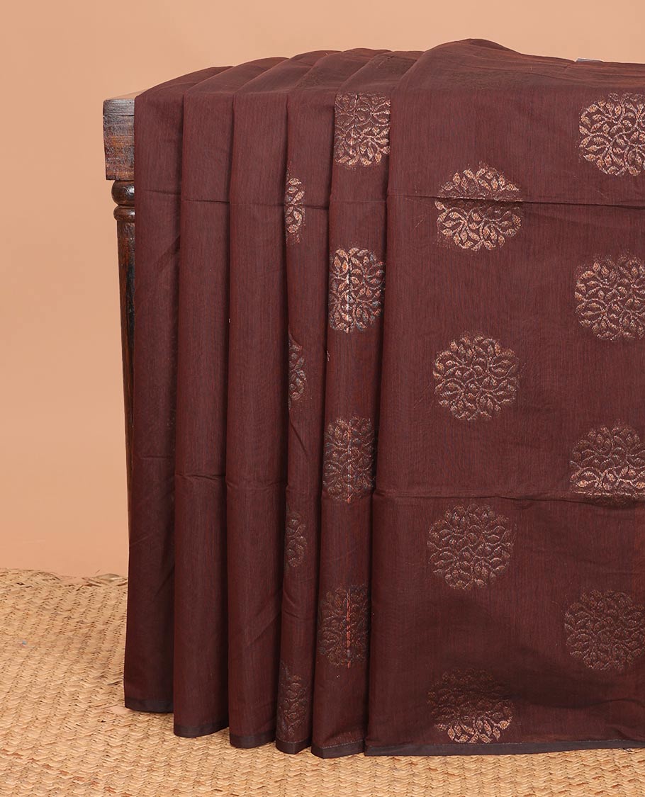 Borderless brown floral buttas semi-silk cotton saree, contrast jaal pallu