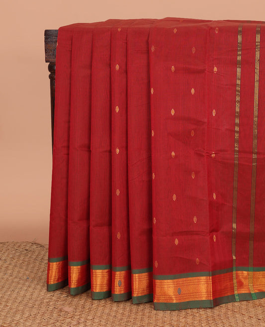 Red zari buttas Venkatagiri cotton saree, contrast zari and thread border, and zari striped pallu