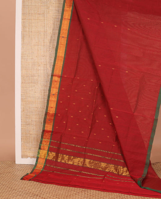 Red zari buttas Venkatagiri cotton saree, contrast zari and thread border, and zari striped pallu