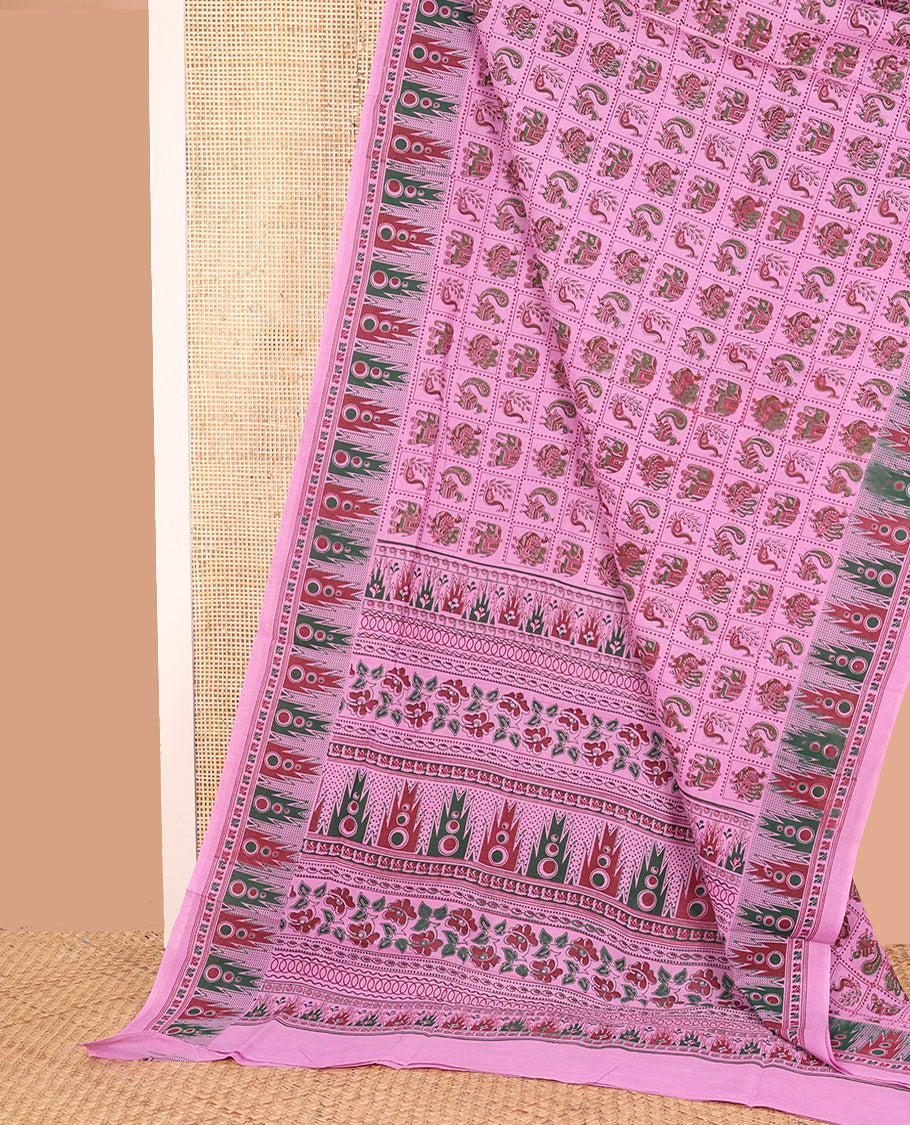 Pink Sungudi Cotton Saree Meticulously Printed with Animal Butta Enclosed Checks, Adorned with Temple Elephant Motif Border, and Artfully Printed Pallu