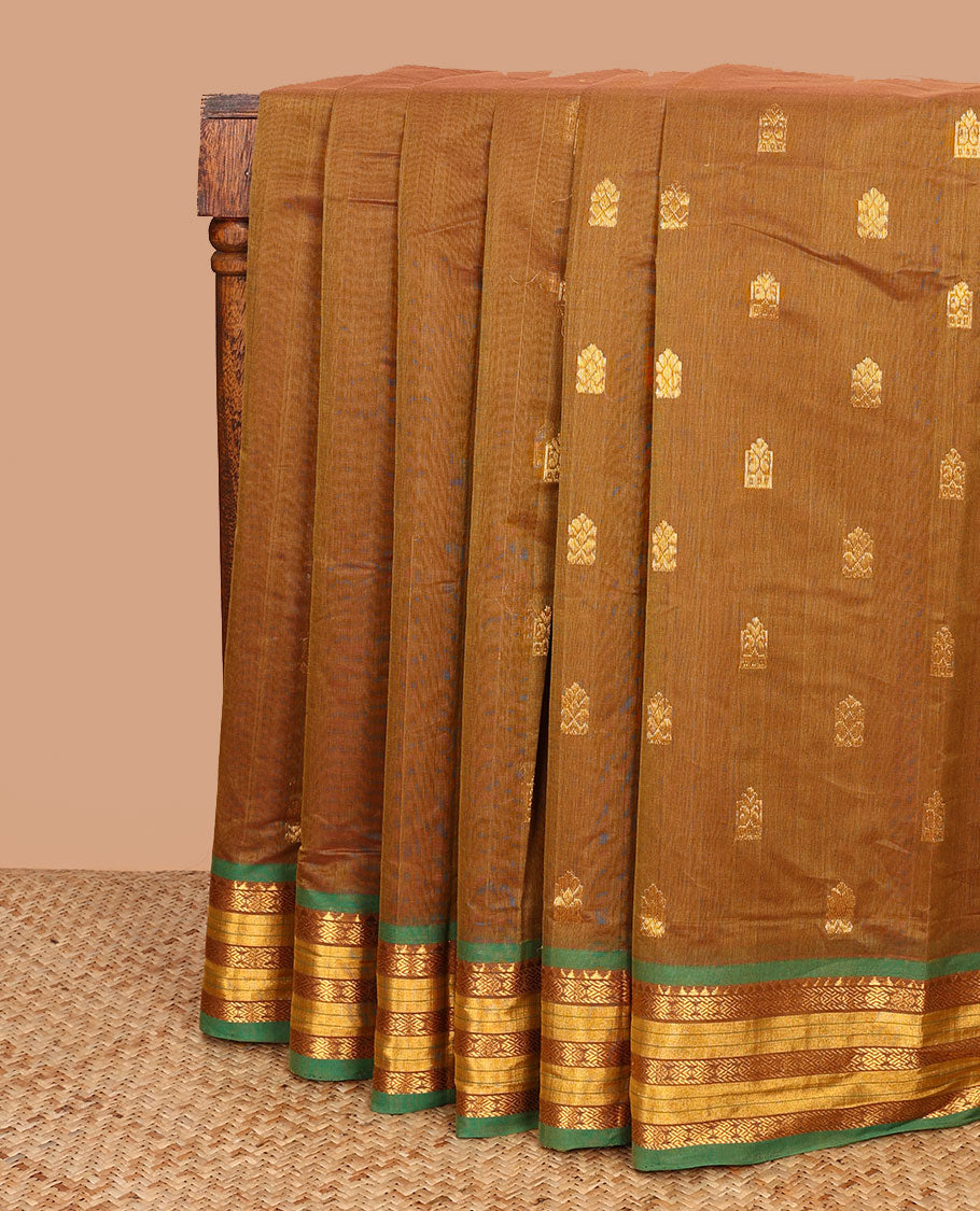 Mustard zari buttas Venkatagiri cotton saree with contrast traditional zari border, and pallu of zari designs