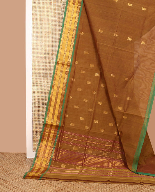 Mustard zari buttas Venkatagiri cotton saree with contrast traditional zari border, and pallu of zari designs