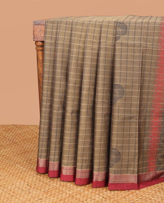 Brown checked, floral design coimbatore cotton saree with contrast zari border & floral design pallu