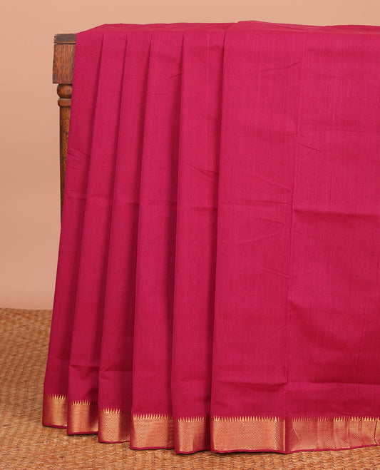 Magenta Plain Mangalagiri Cotton Saree, Subtly Sparkled with Temple Zari Design Border, Gleaming Zari Pallu, and Paired with a Matching Blouse