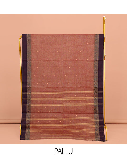 Orange Bengal Cotton Saree, Woven with Buttas All Over Its Body, Complemented by a Contrast Border of Unique Designs, Pallu of Stripes and Buttas, and Paired with a Matching Blouse