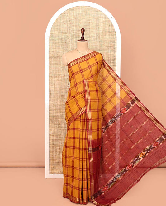 Yellow Andhra Cotton Saree, Finely Crafted with Checked Design All Over Its Body, Subtly Sparkled Traditional-Patterned Border, Contrast Pallu of Stripes and Ikkt Designs, and Paired with a Matching Blouse