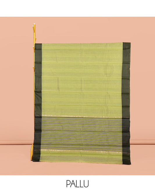 Green Striped Semi-Silk Cotton Saree, Complemented by a Contrast Border, Pallu Steeped with Stripes, and Paired with a Matching Blouse